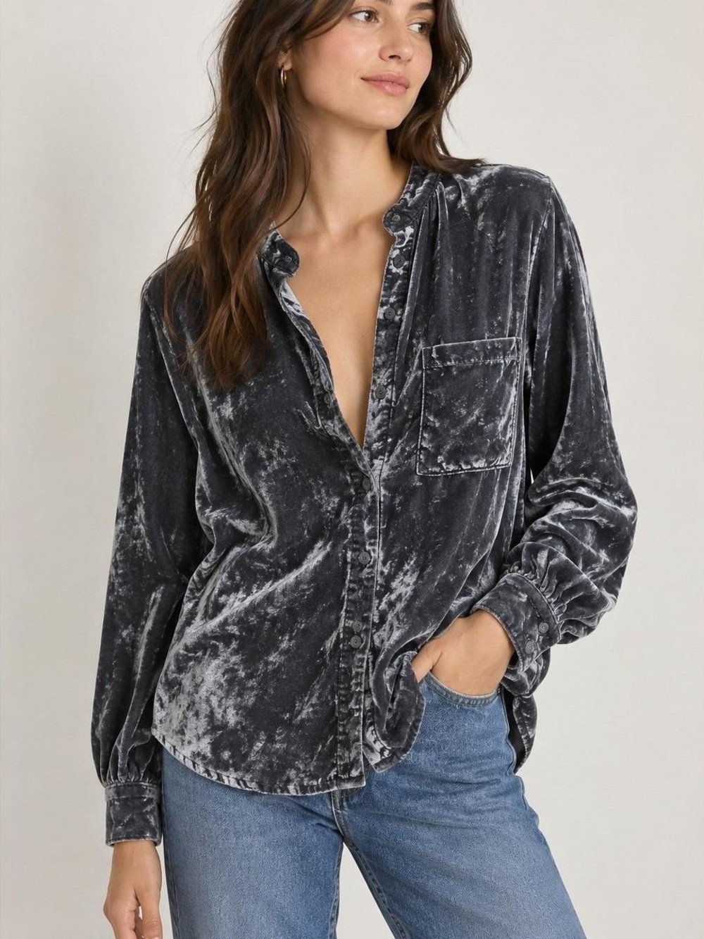 Anthropologie Pilcro Puff-Sleeved Velvet Buttondown